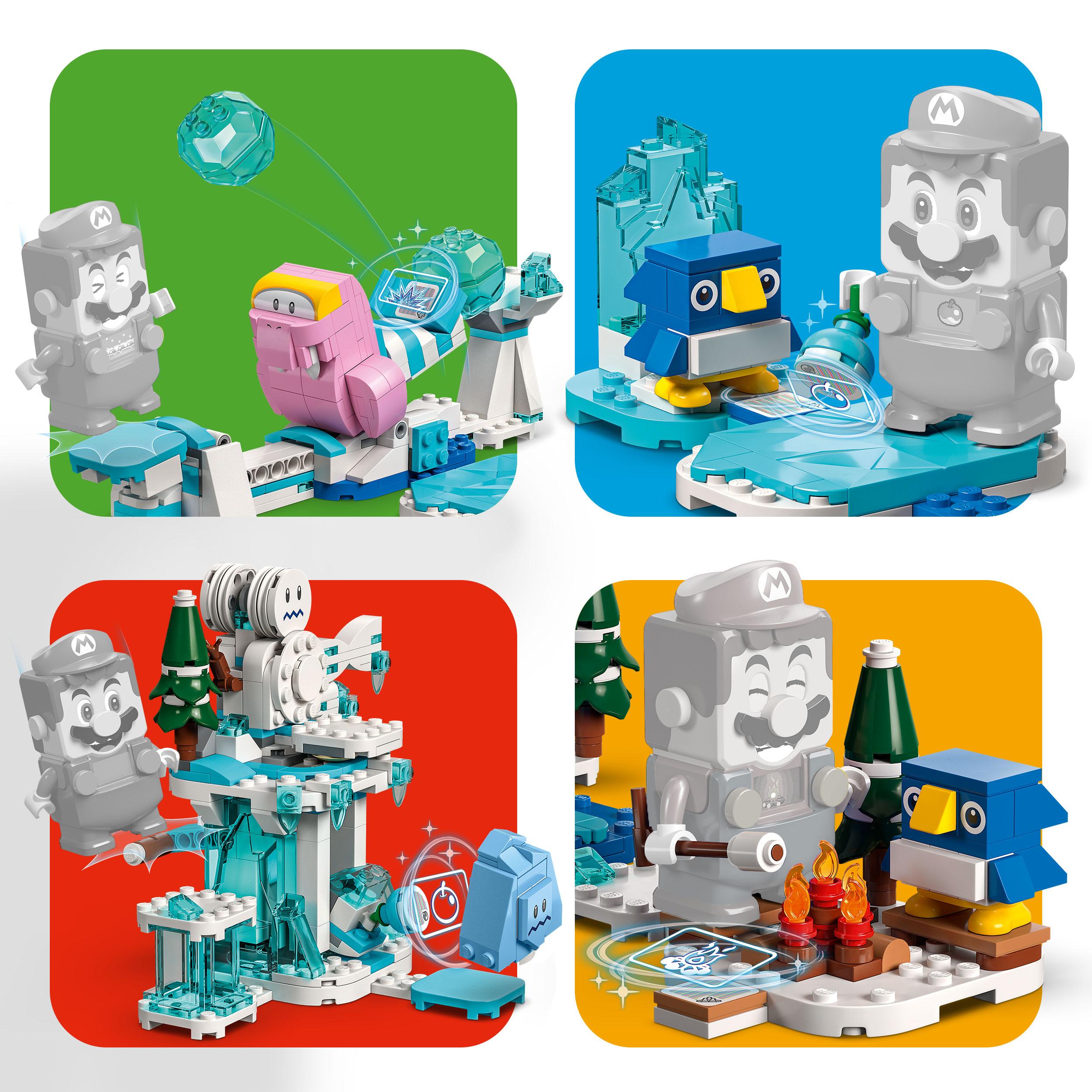 Vier Lego-Sets in einem Raster. Jedes Set zeigt verschiedene Figuren und Strukturen in unterschiedlichen Umgebungen.