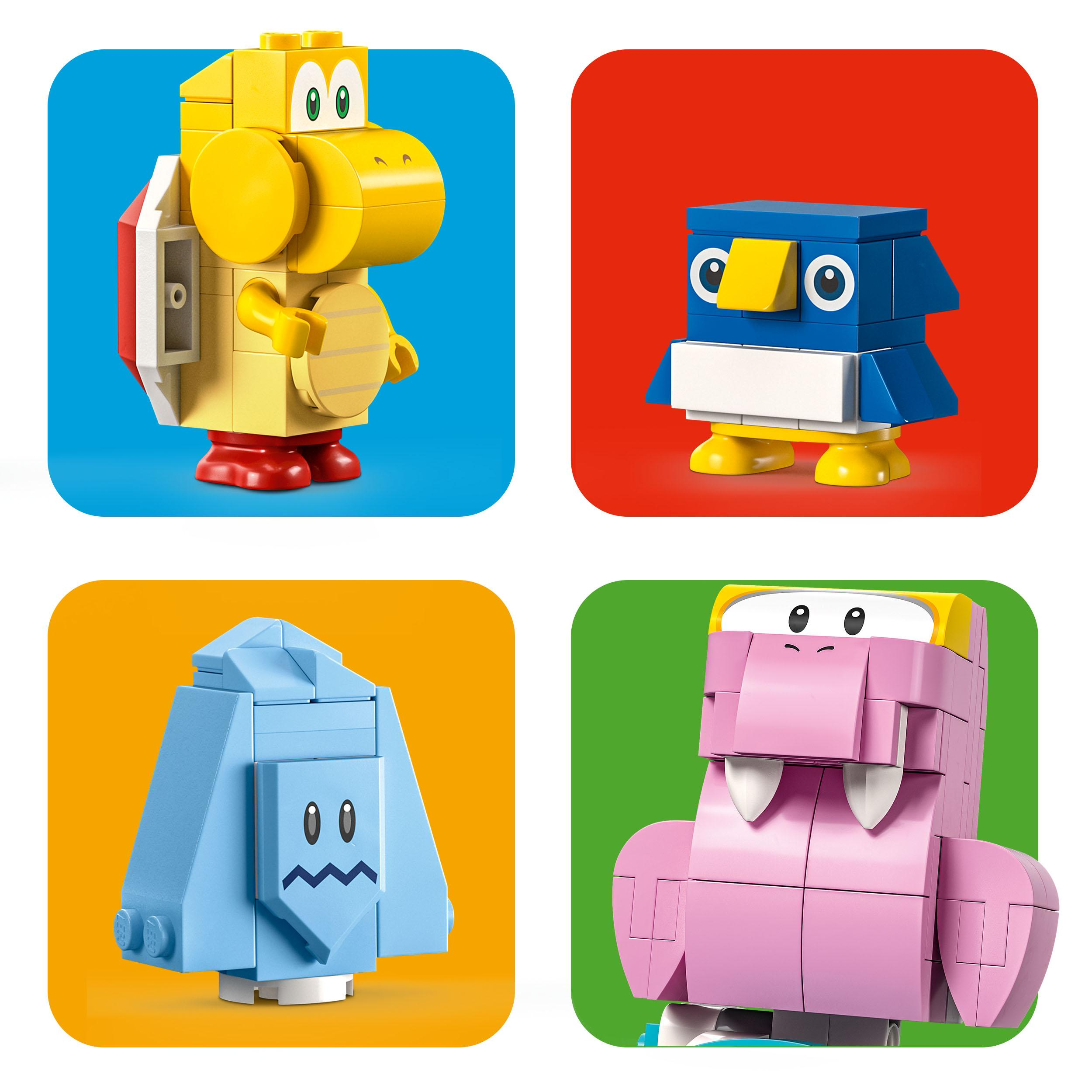 Vier LEGO-Figuren auf farbigen Quadraten. Jede Figur ist ein anderes tierähnliches Zeichen.