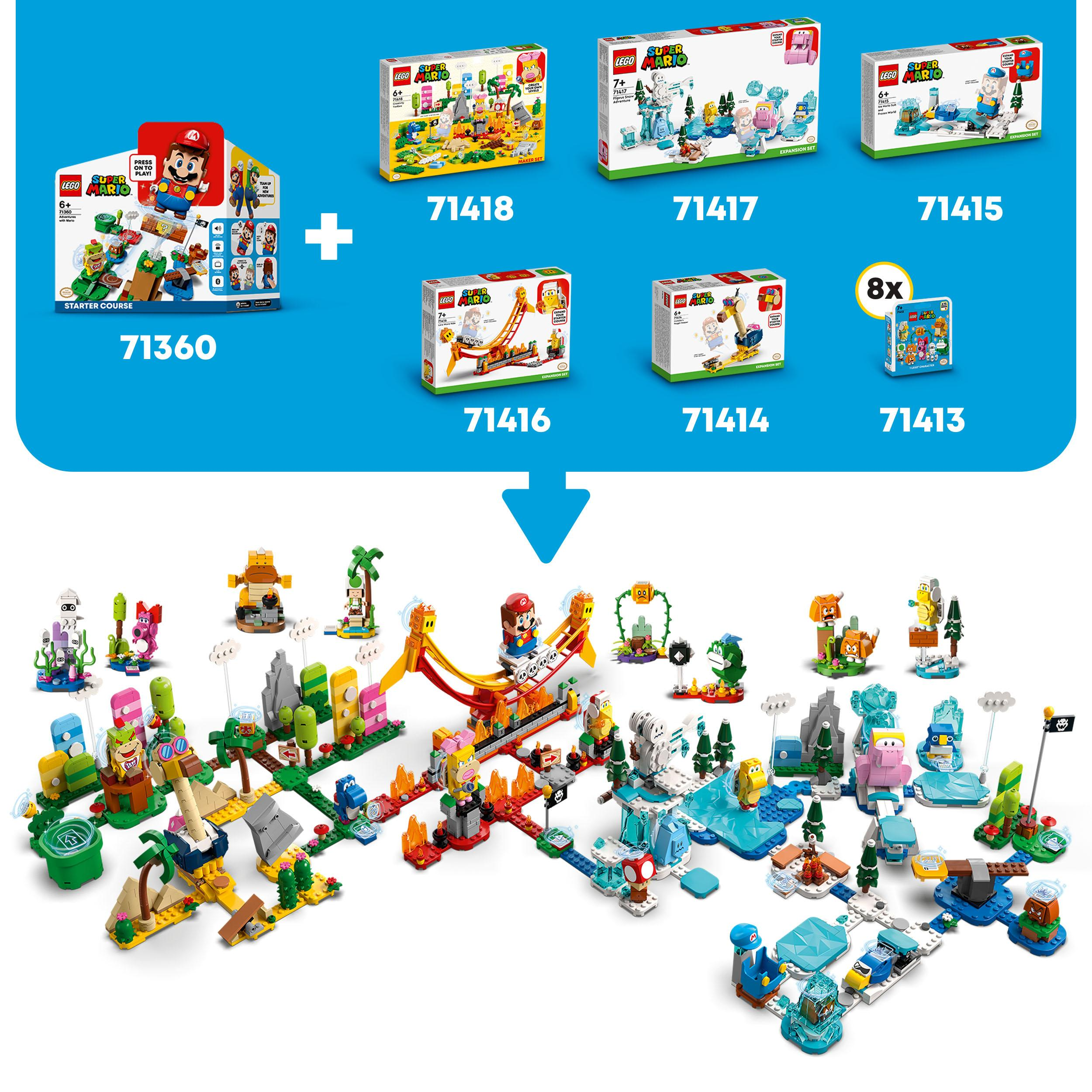 Lego-Set mit mehreren Mario-Figuren und Hindernissen.