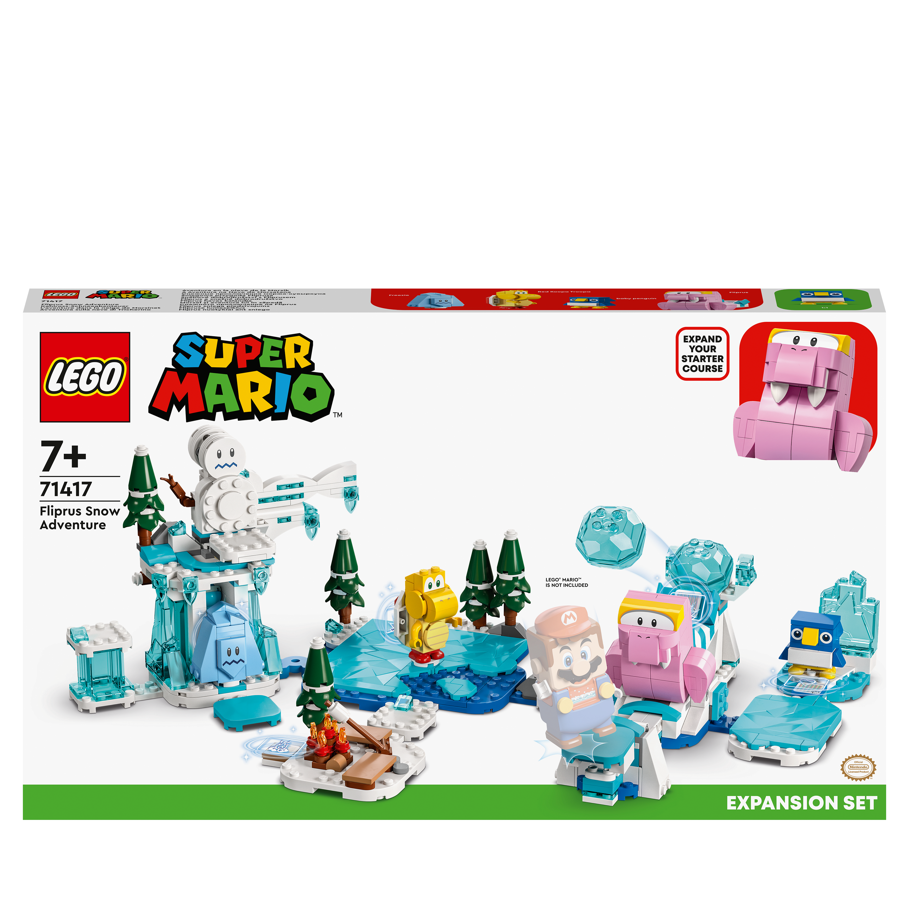 Eine LEGO Super Mario Set-Box und einige der Figuren, die aus dem Set hergestellt und angezeigt werden.