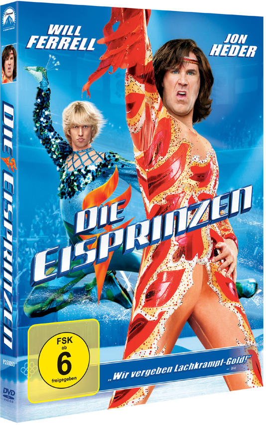 DVD-Cover eines Films mit zwei Männern in bunten Outfits beim Eislaufen. Der Titel lautet 'Die Eisprinzen'.