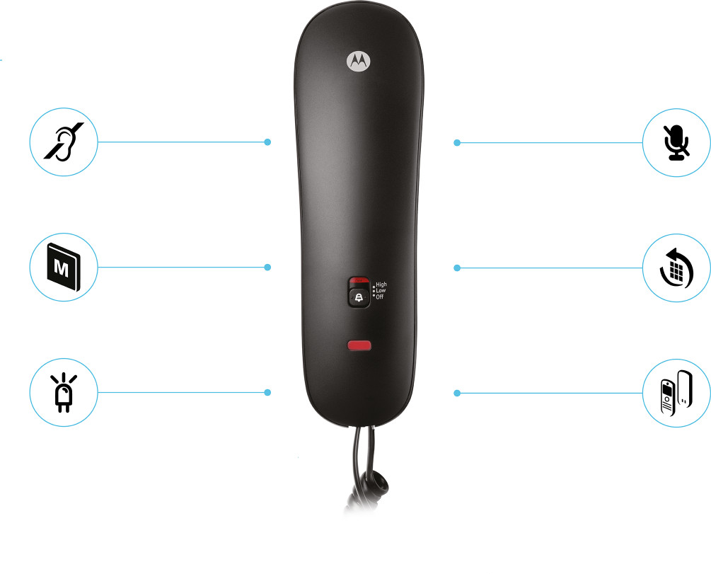 Téléphone fixe noir avec des icônes indiquant des fonctionnalités telles que le volume, le mode silencieux et la numérotation abrégée.