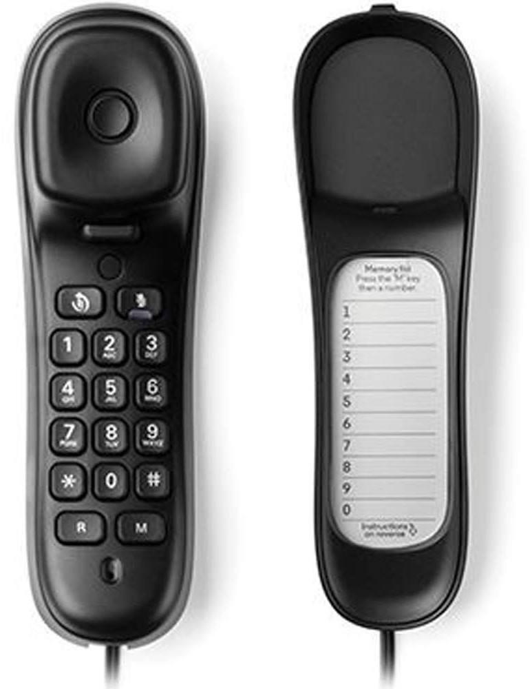Téléphone fixe noir, vues avant et arrière. Il a des boutons numérotés.