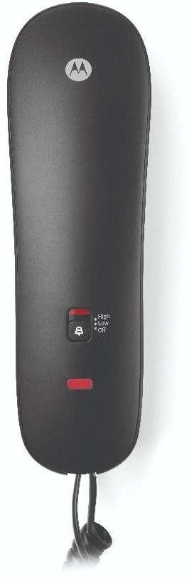 Un téléphone mural noir avec un bouton rouge et le logo Motorola.
