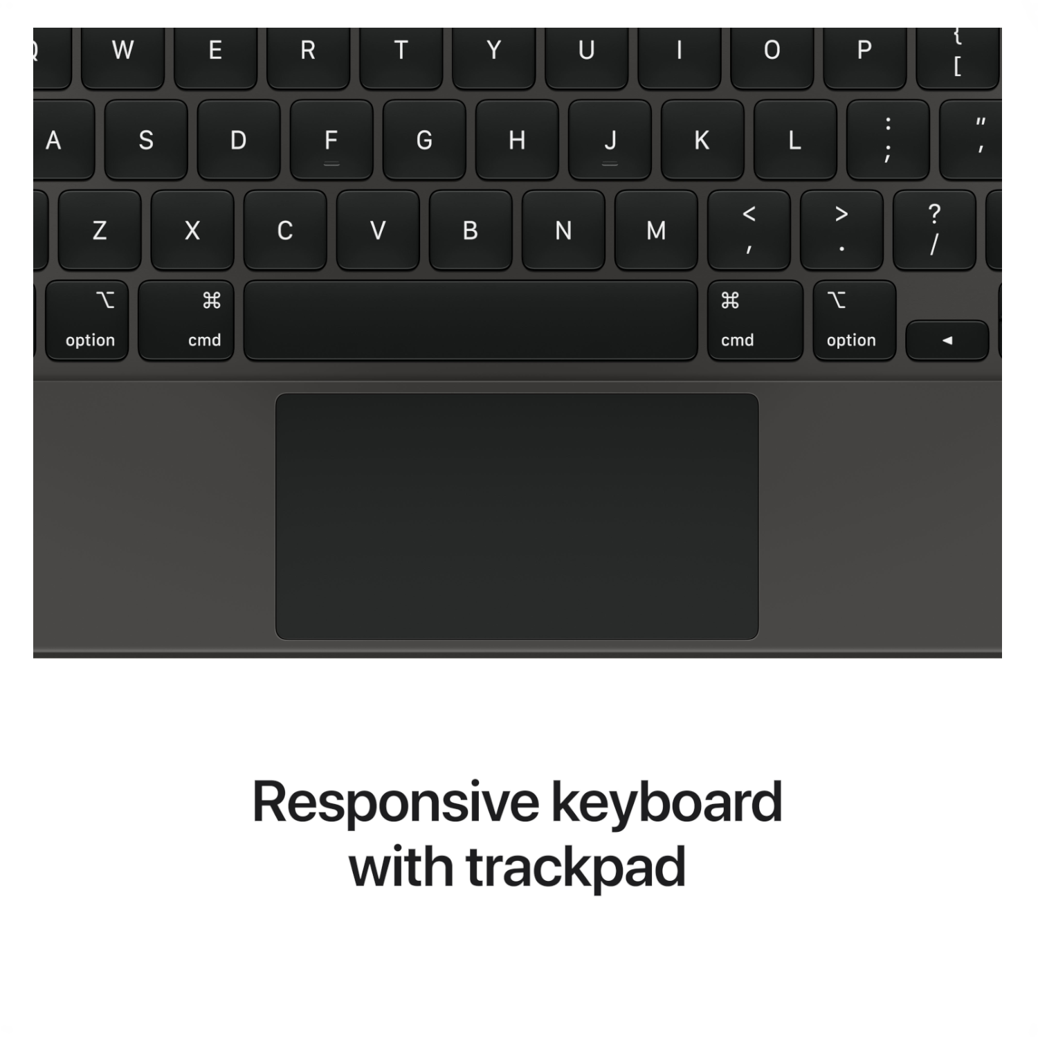 Zwart toetsenbord met trackpad. Letters, cijfers en symbolen zijn zichtbaar.