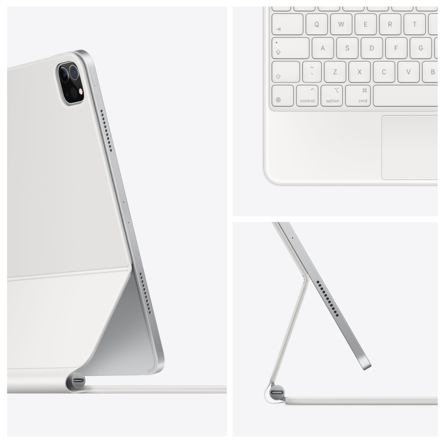 Een close-up van een iPad Pro en een toetsenbord, met details van het apparaat in wit.