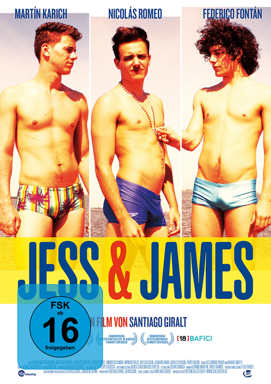 Filmposter von drei Männern ohne Hemd in Badehosen. Der Titel lautet 'Jess & James'. Blaue, gelbe und weiße Farben.