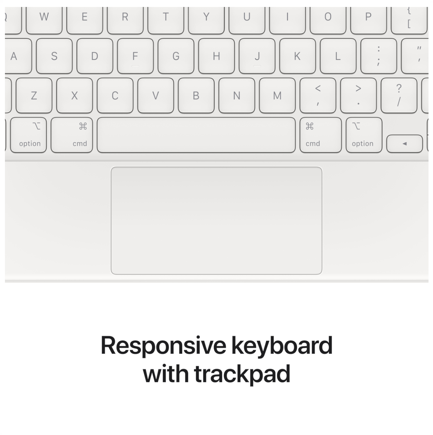 Gros plan sur un clavier blanc avec trackpad, texte 'Clavier réactif avec trackpad'.