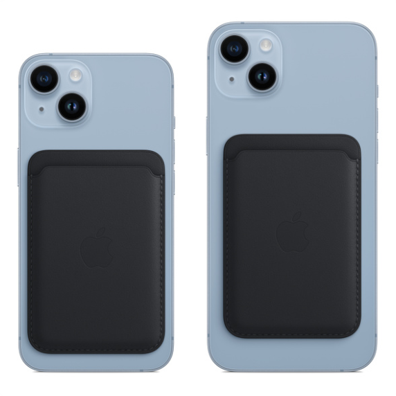 Twee lichtblauwe iPhone-achterkanten met een zwarte MagSafe-portemonnee eraan.