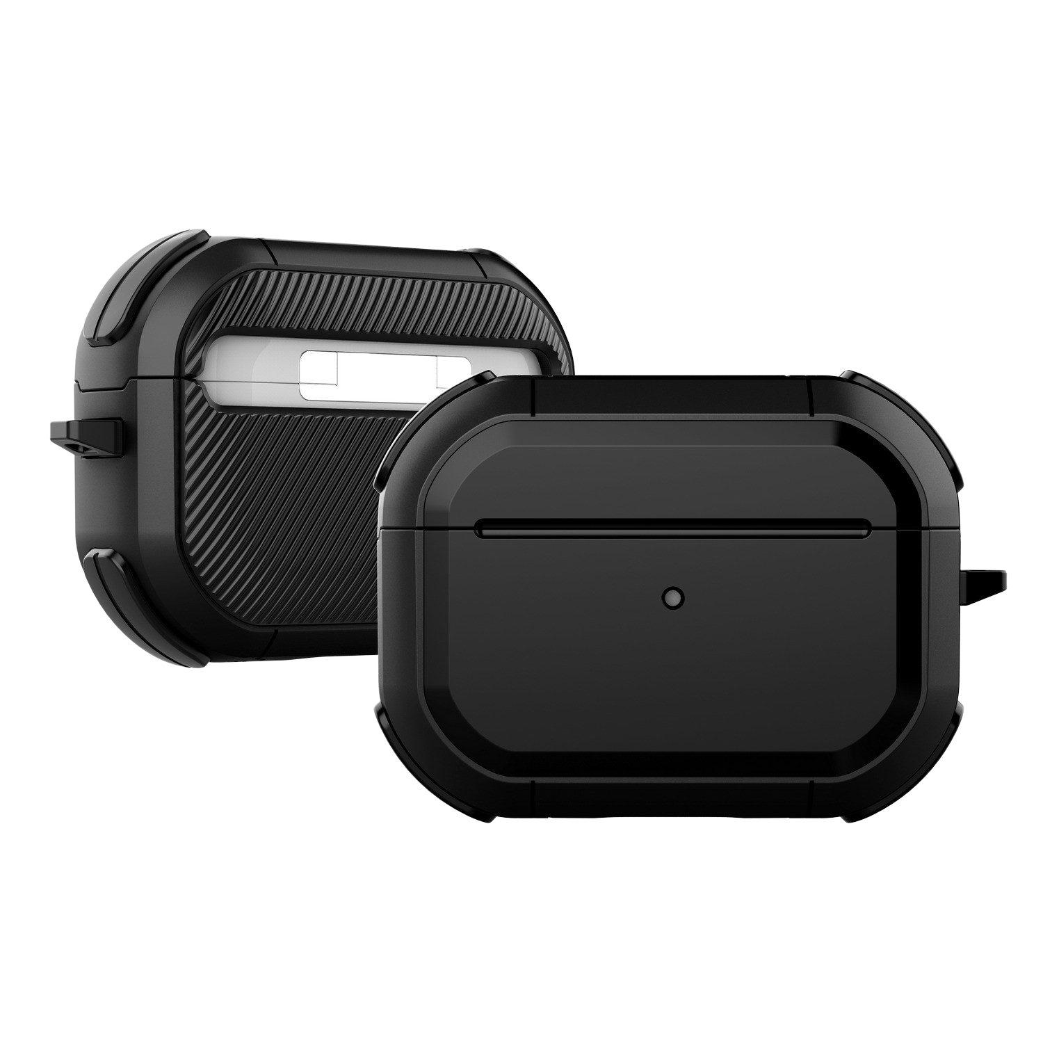 Twee zwarte hoesjes voor AirPods Pro. Eén open, één gesloten. Beide hebben een robuust ontwerp met een knop.