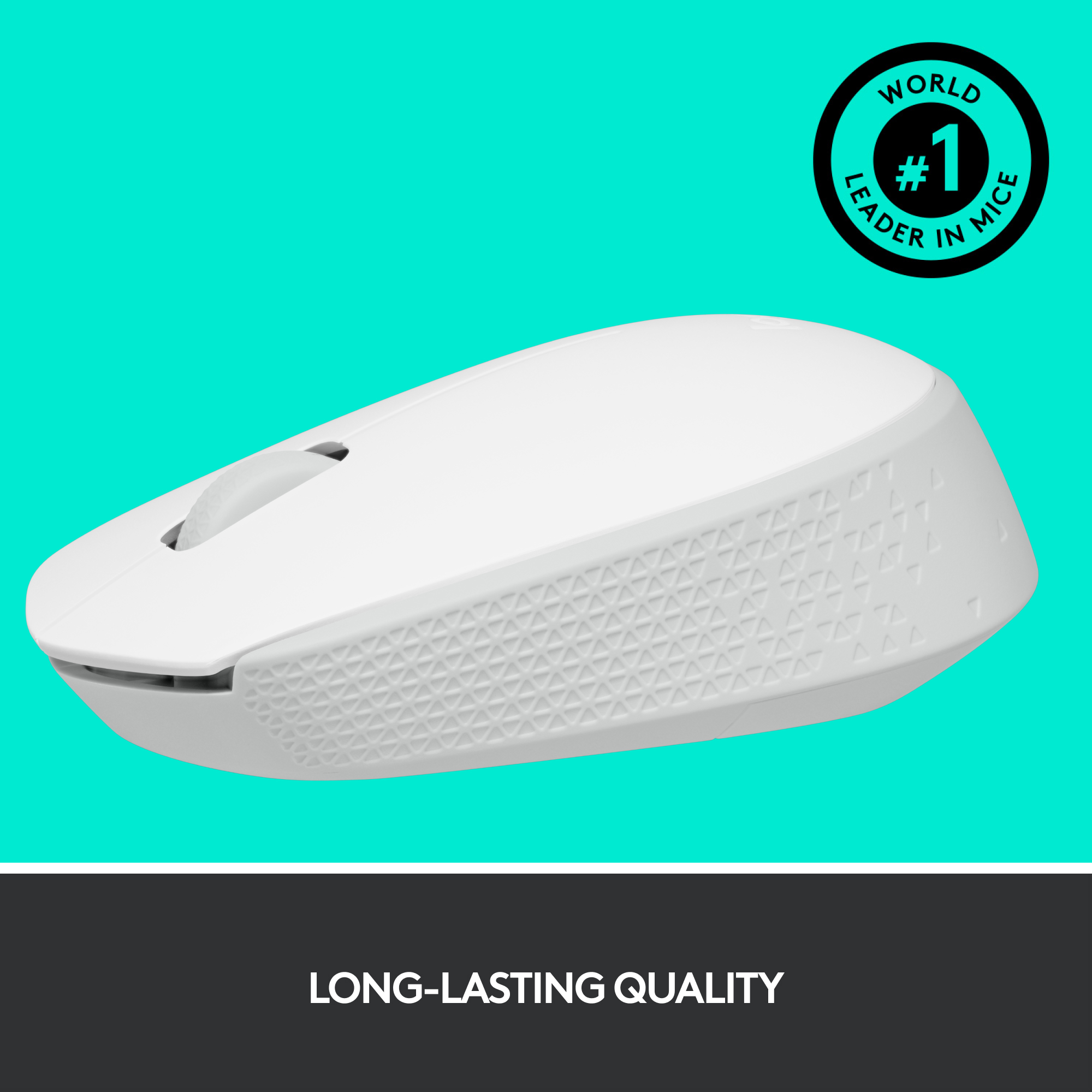 Weiße Logitech Maus auf türkisfarbenem Hintergrund. Strukturierte Seite und Text: Langlebige Qualität.