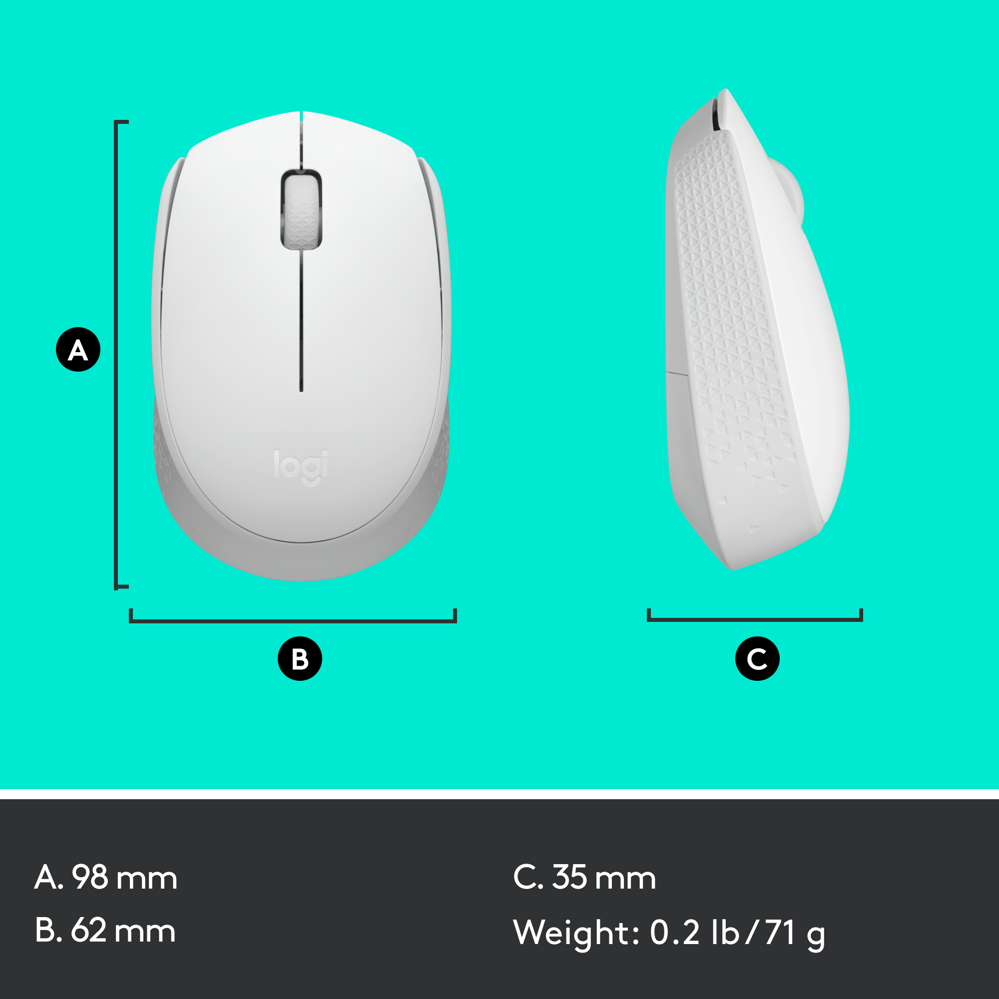 Weiße Logitech-Maus, Draufsicht und Seitenansicht, mit Maßen. Der Hintergrund ist helltürkis.
