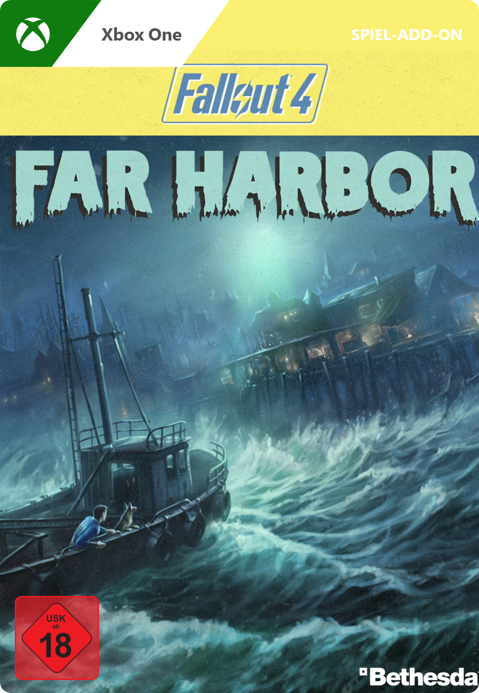 Fallout 4: Far Harbor Xbox One Spielcover. Ein Boot segelt durch eine stürmische See.