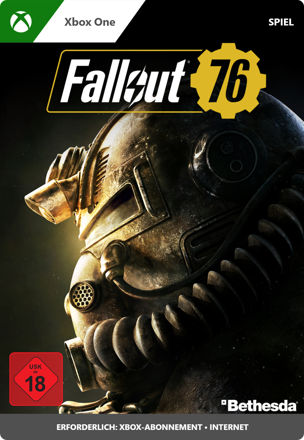 Xbox One-Spielhülle. Titel: Fallout 76. Mit einem Charakter in Power-Rüstung. USK 18-Bewertung.