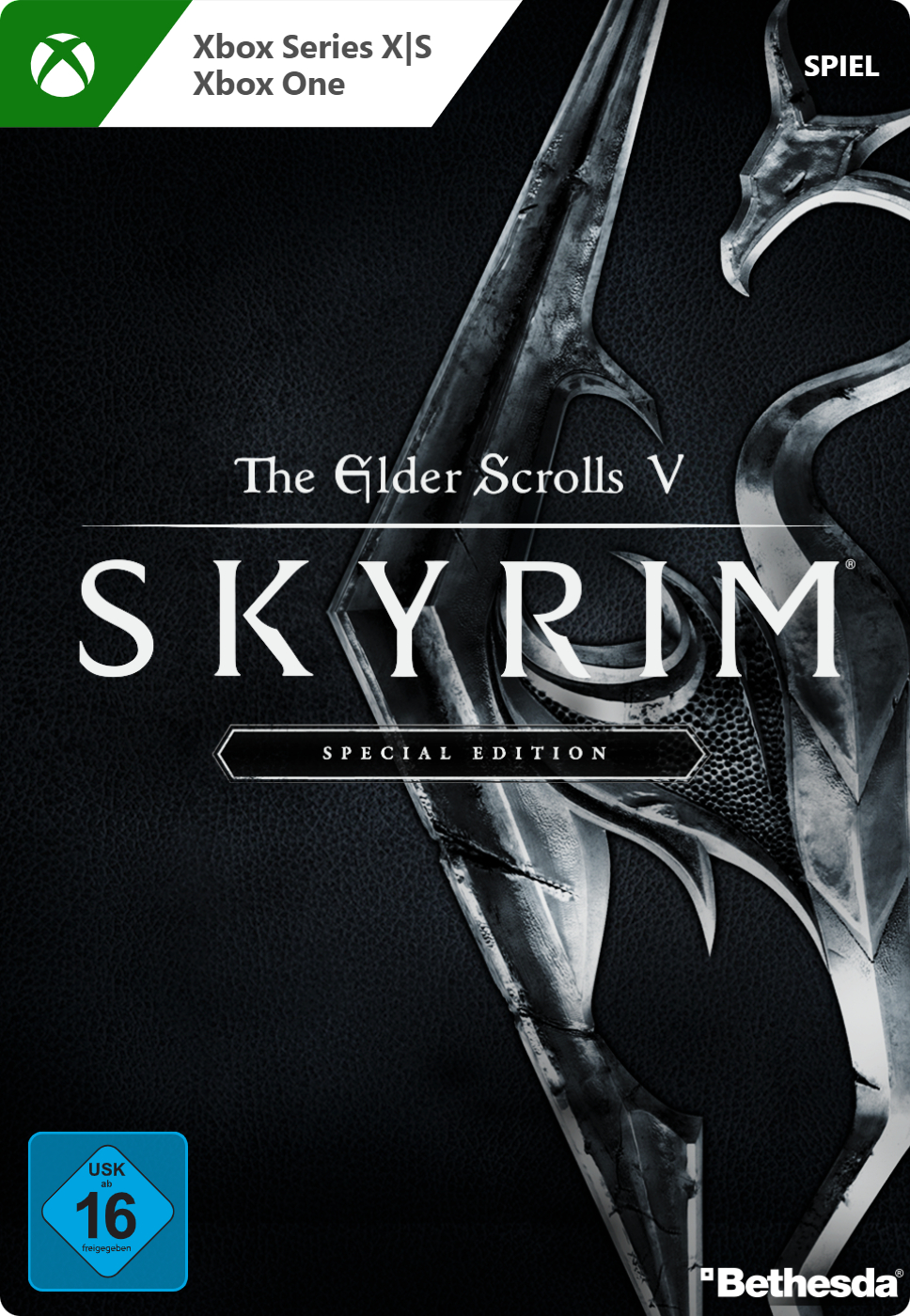 The Elder Scrolls V: Skyrim Spielcover. Dunkler Hintergrund mit Titel und einem drachenförmigen Emblem.