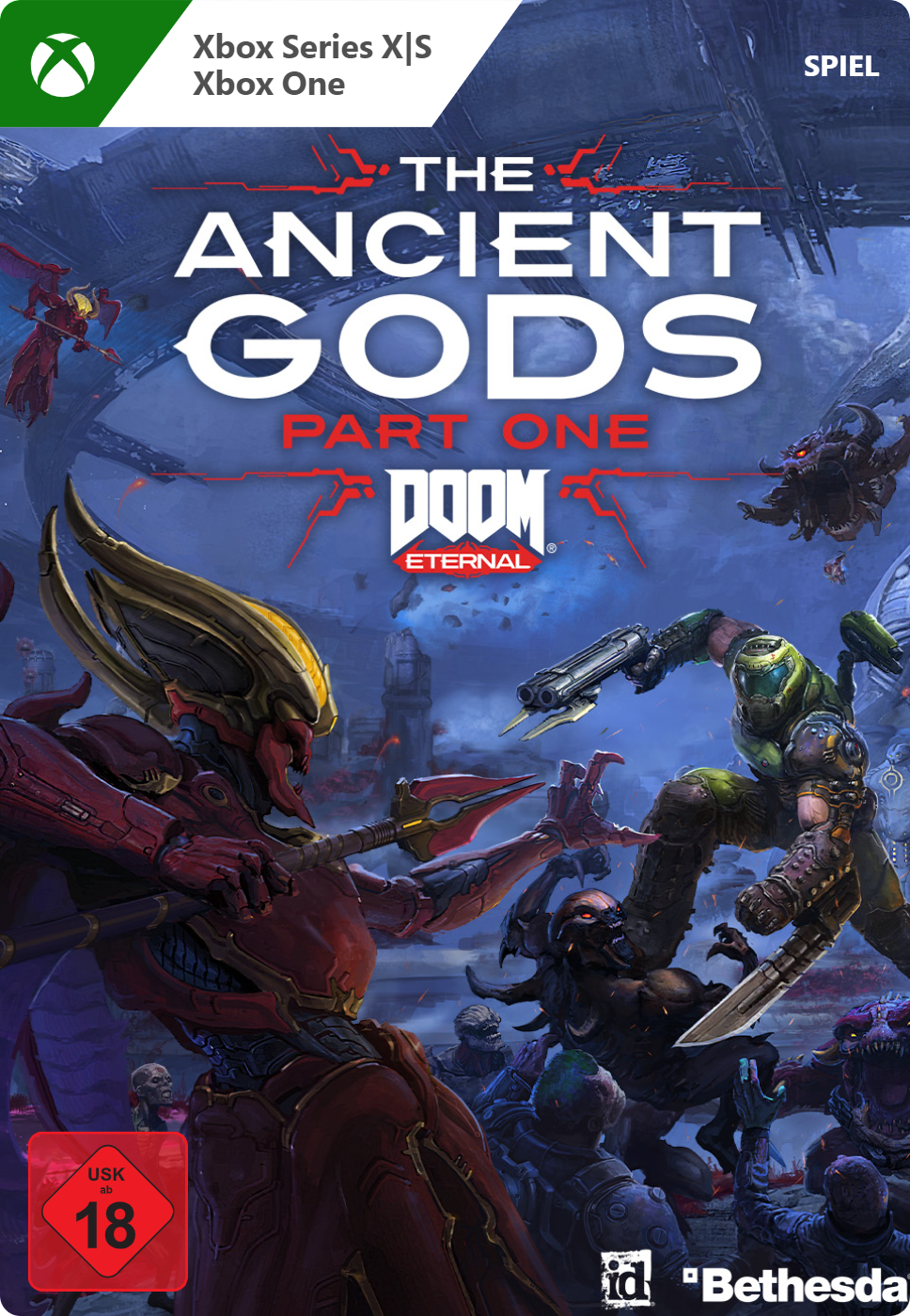 Spielcover für DOOM Eternal: The Ancient Gods, Part One. Dämon und Soldat kämpfen.