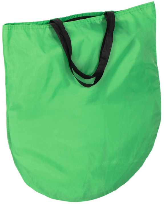 Grüne Stofftasche mit schwarzen Griffen. Die Tasche ist leer und hat eine runde Form.