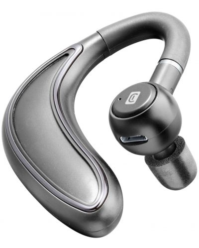 Auricular Bluetooth plateado y negro.