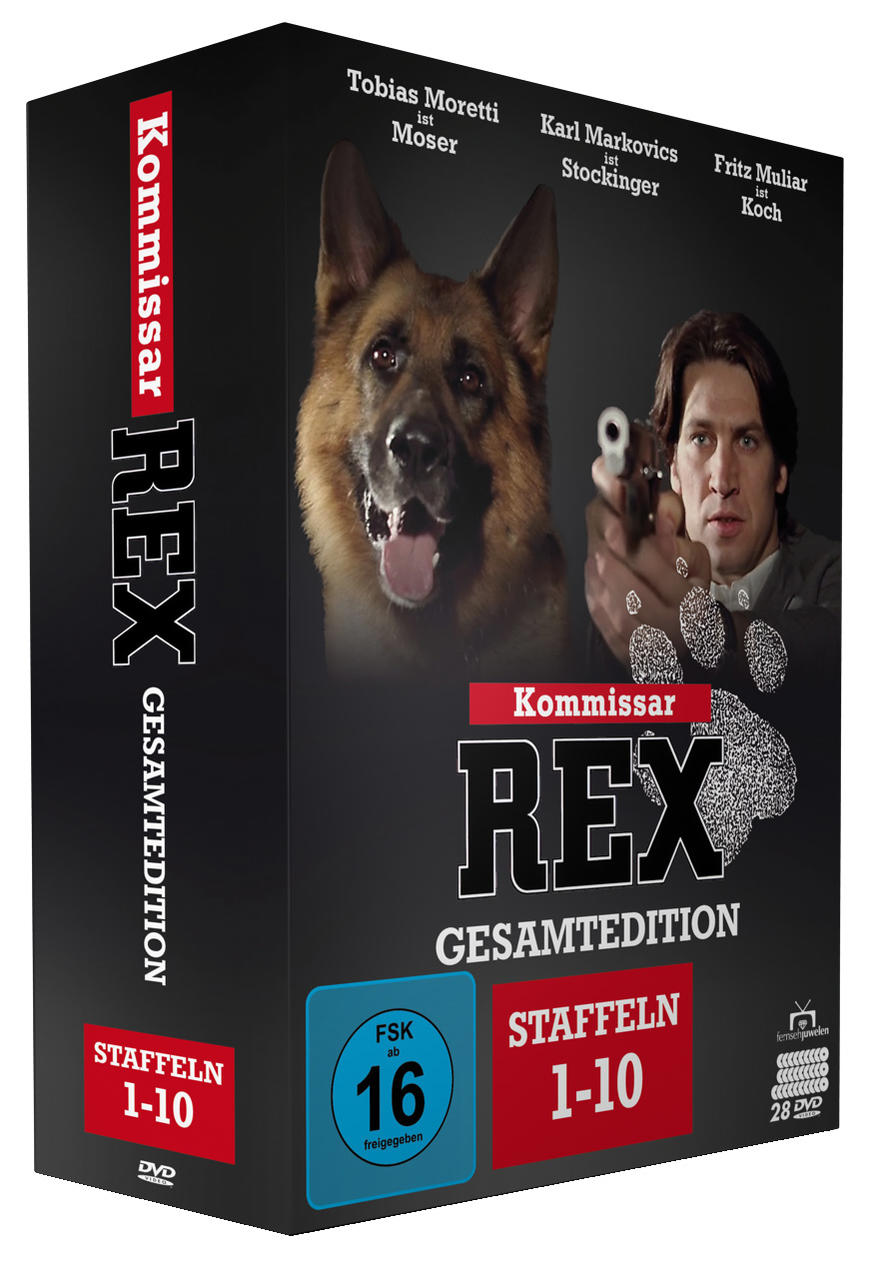 DVD-Box-Set für die TV-Show 'Kommissar Rex'. Es zeigt die Hauptdarsteller.