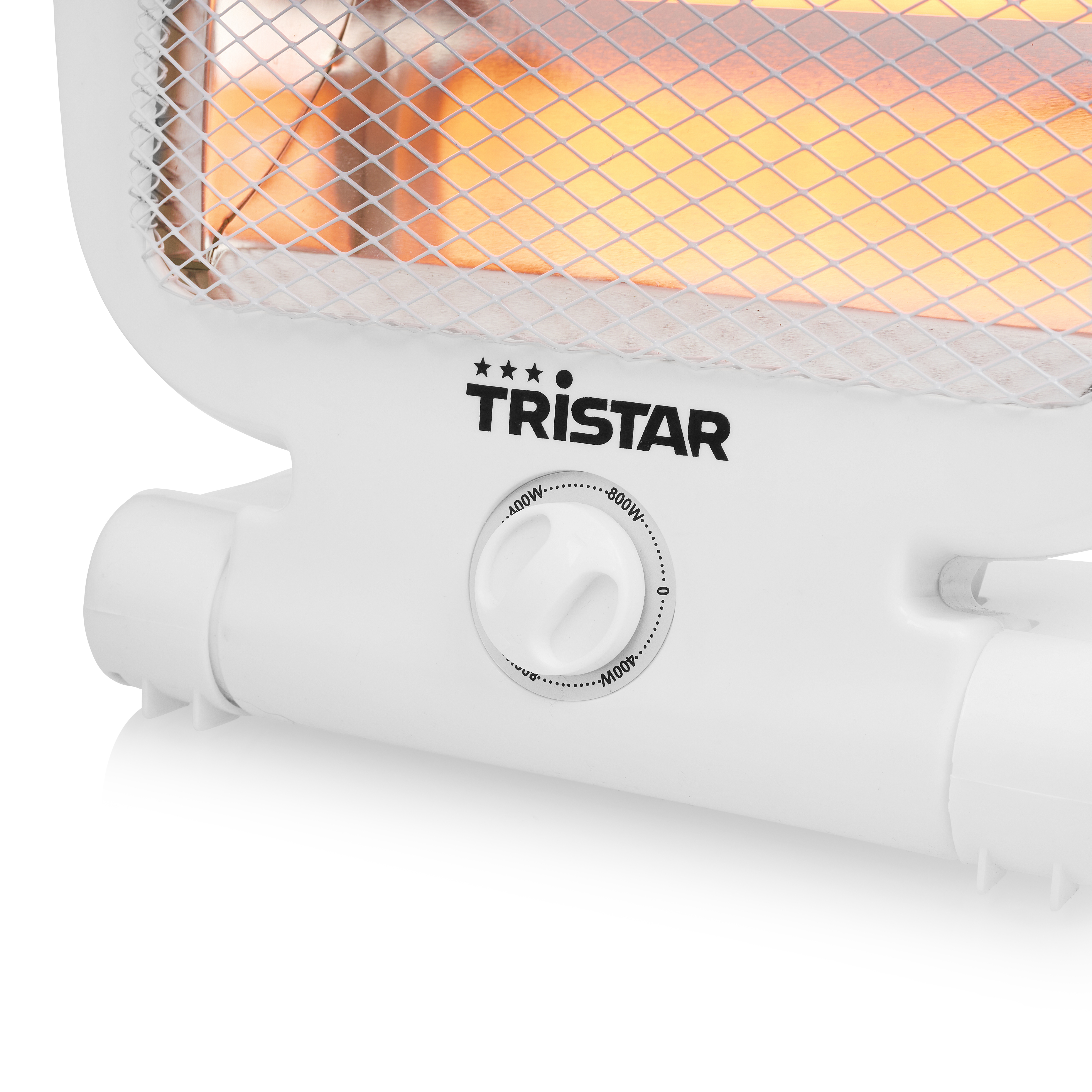 Witte Tristar-verwarming met draaiknop en metalen rooster.