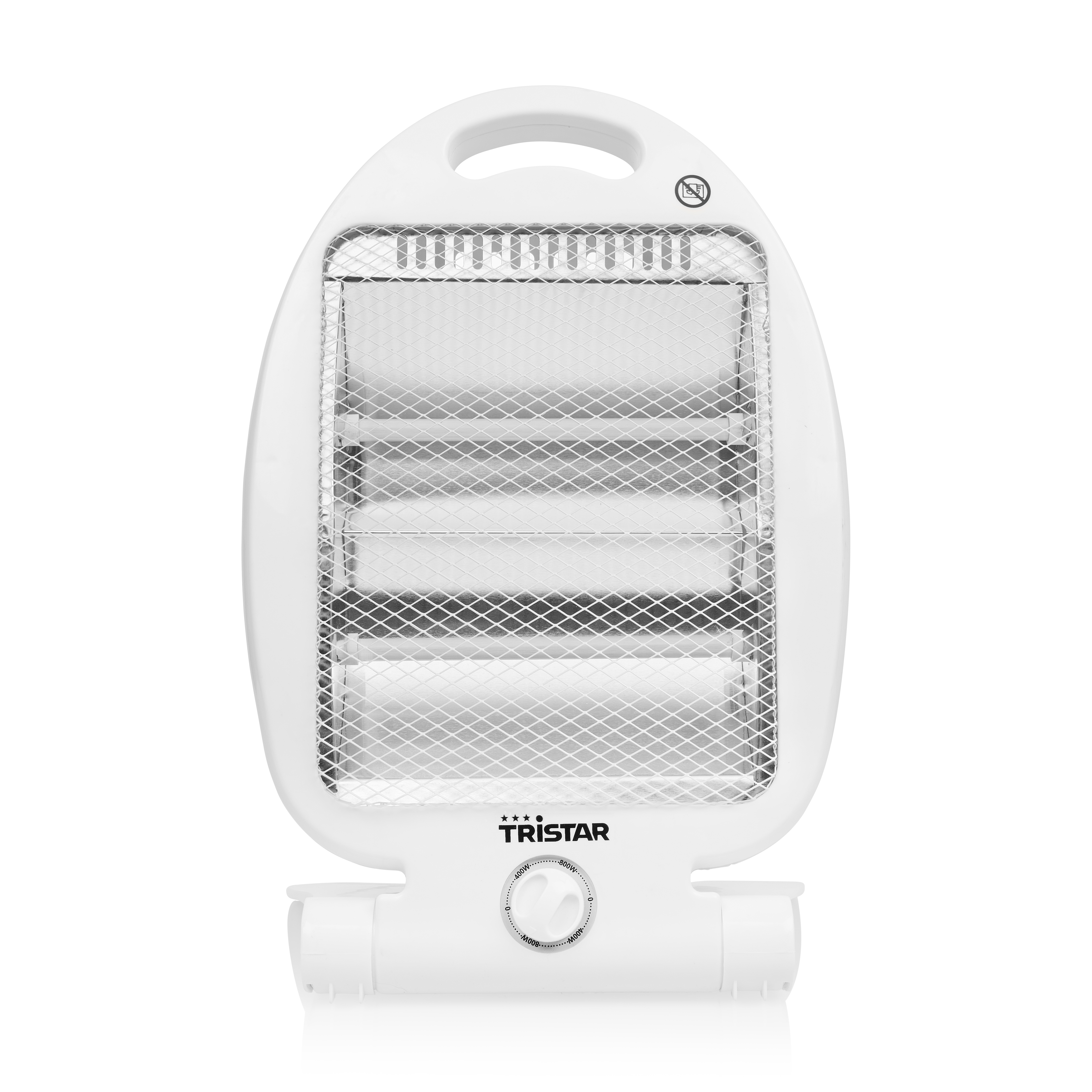 Witte elektrische kachel met een handvat, vooraanzicht.