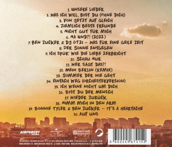 Albumcover mit Titelliste, Sonnenuntergang-Hintergrund und Text auf Deutsch. Enthält einen Barcode am unteren Rand.