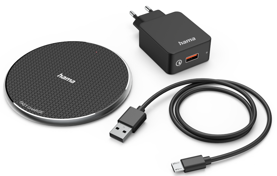 Chargeur sans fil, adaptateur de charge et câble USB, le tout noir, sur fond blanc.