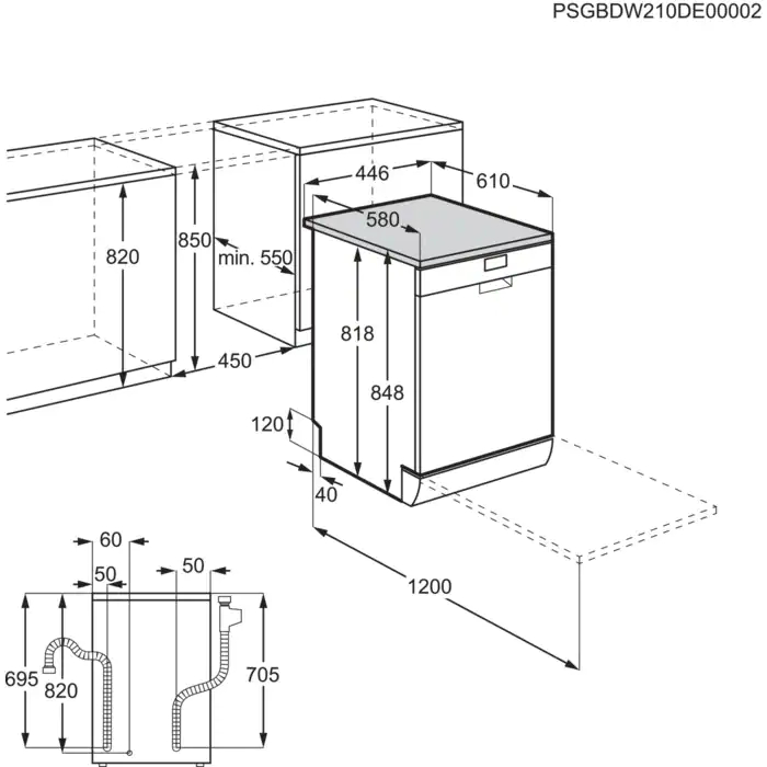 Diagramm eines Einbaugeschirrspülers mit Abmessungen und Maßen in Millimetern. Draufsicht und Seitenansicht.