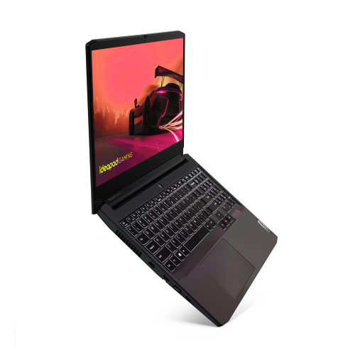 Ordenador portátil negro que muestra un juego de carreras de coches.