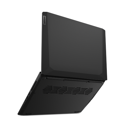 Un portátil Lenovo negro, en ángulo que muestra la parte superior e inferior.