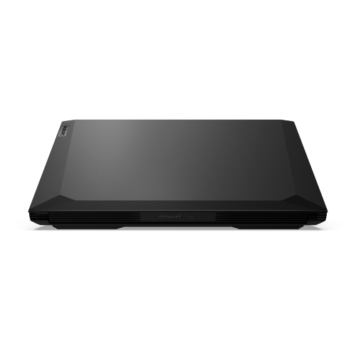 Portátil negro y cerrado. Logotipo de Lenovo arriba. Fondo negro.