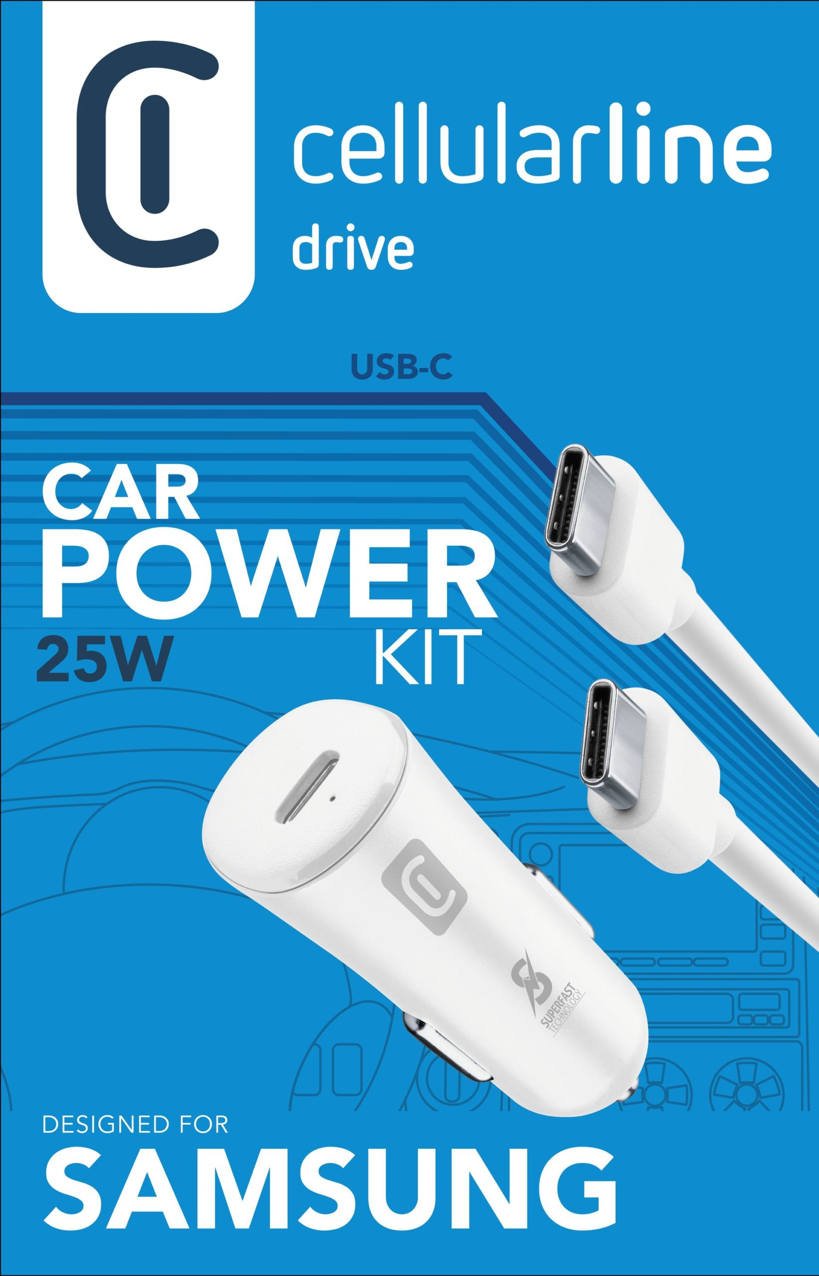 Paquete de kit de alimentación para coche: Cargador blanco y cables USB-C, diseñado para Samsung, fondo azul.