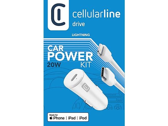 Cargador coche - CellularLine CBRIPHKITC2LMFI20W, Para iPhone 8 o posteriores, Cable 100 cm, 20 W, Blanco