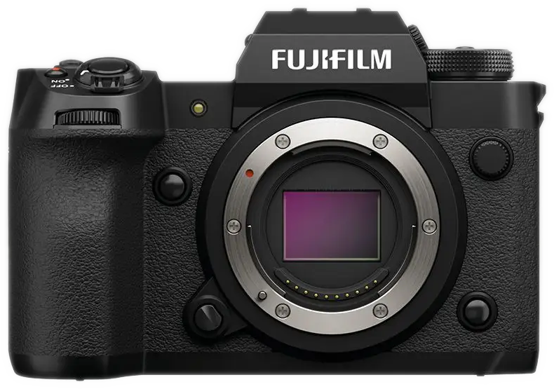 Zwarte Fujifilm-camera met lens en diverse knoppen.