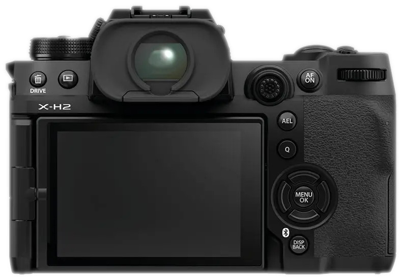 De achterkant van een zwarte camera met knoppen en een scherm. Tekst: X-H2.