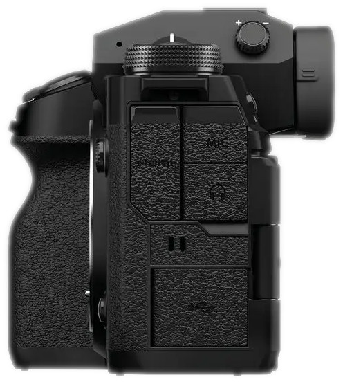 Zwarte camera van de zijkant, met knoppen, poorten en een getextureerde grip.