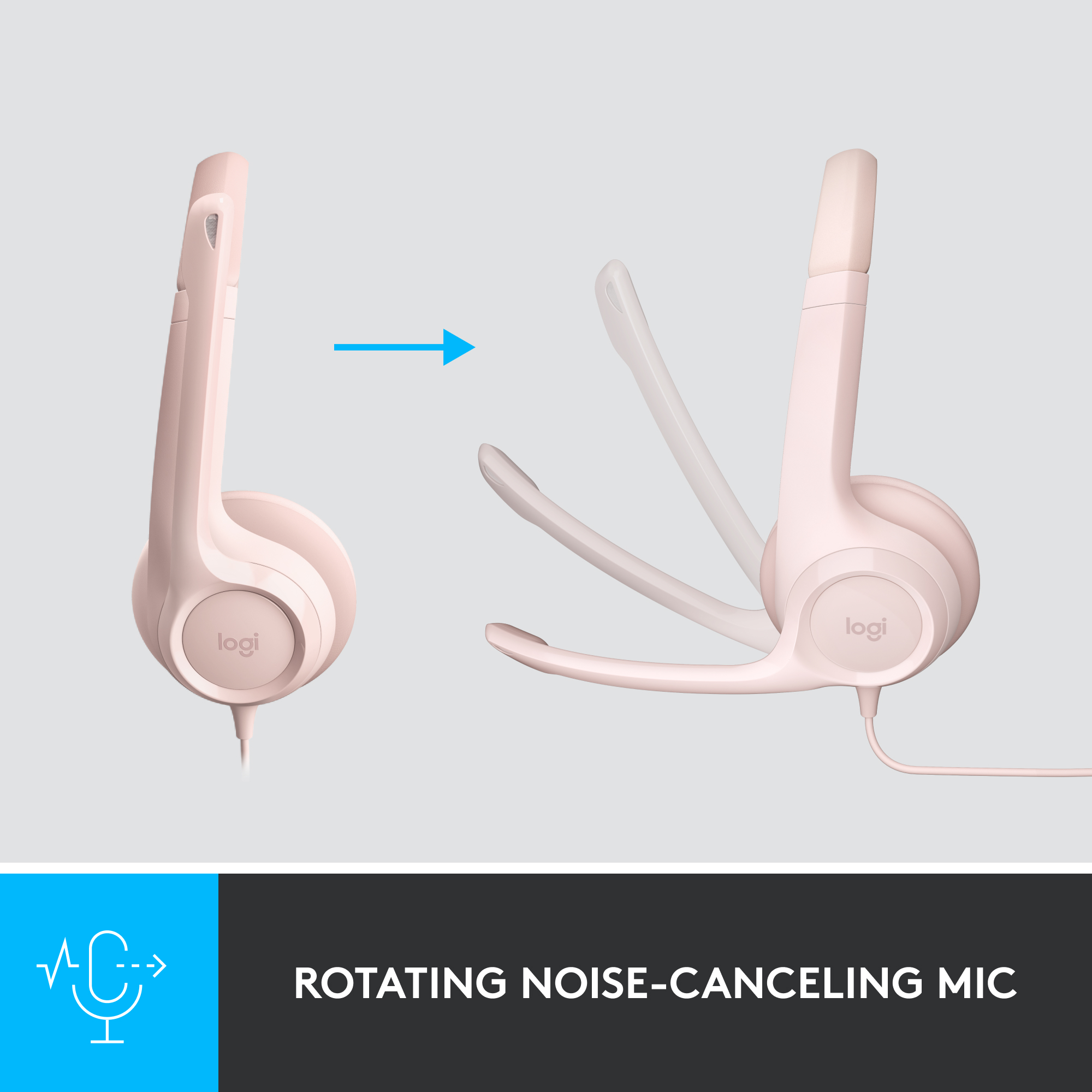 Una cuffia Logitech rosa chiaro con microfono rotante con cancellazione del rumore, mostrata da due angolazioni.