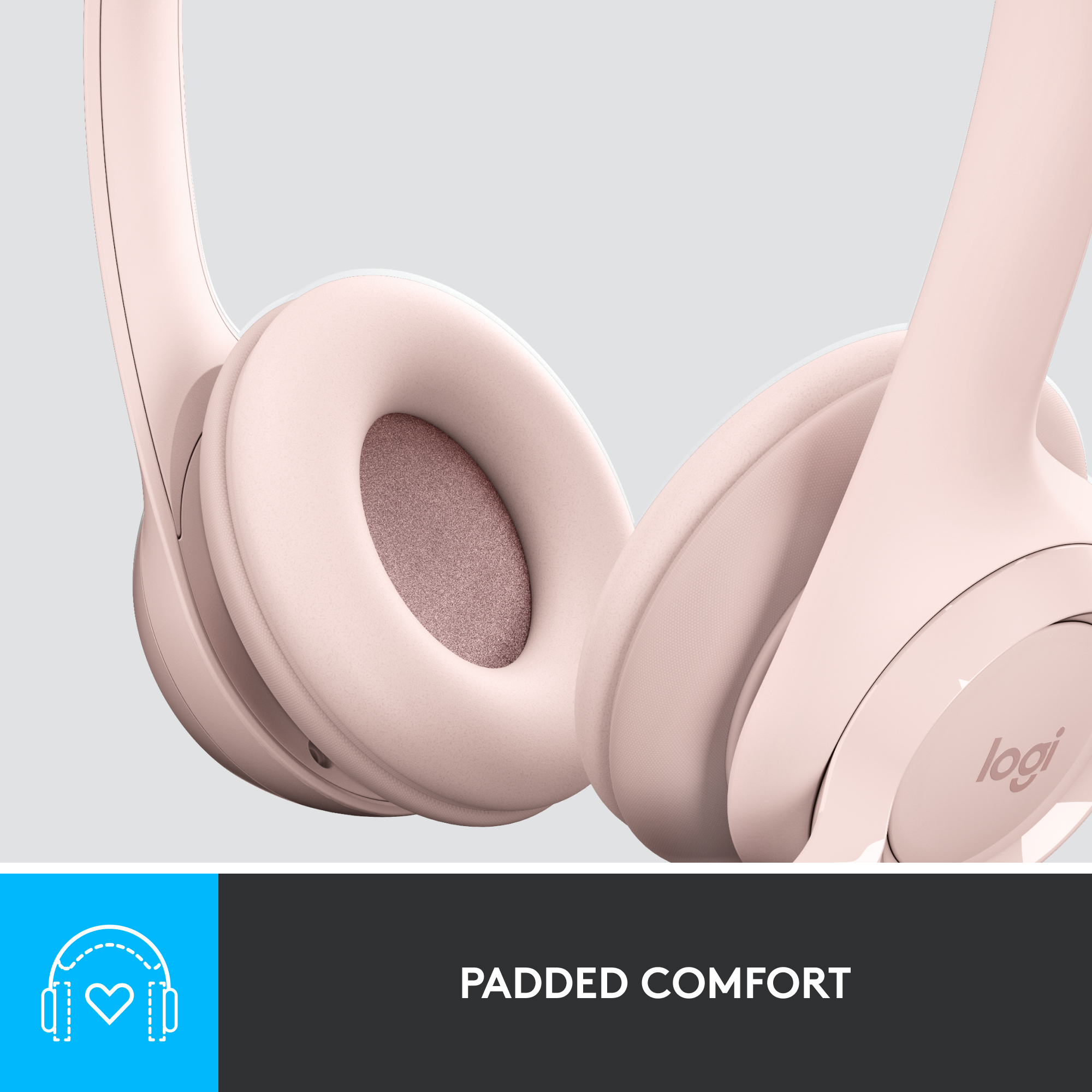 Cuffie rosa, primo piano, testo comfort imbottito.