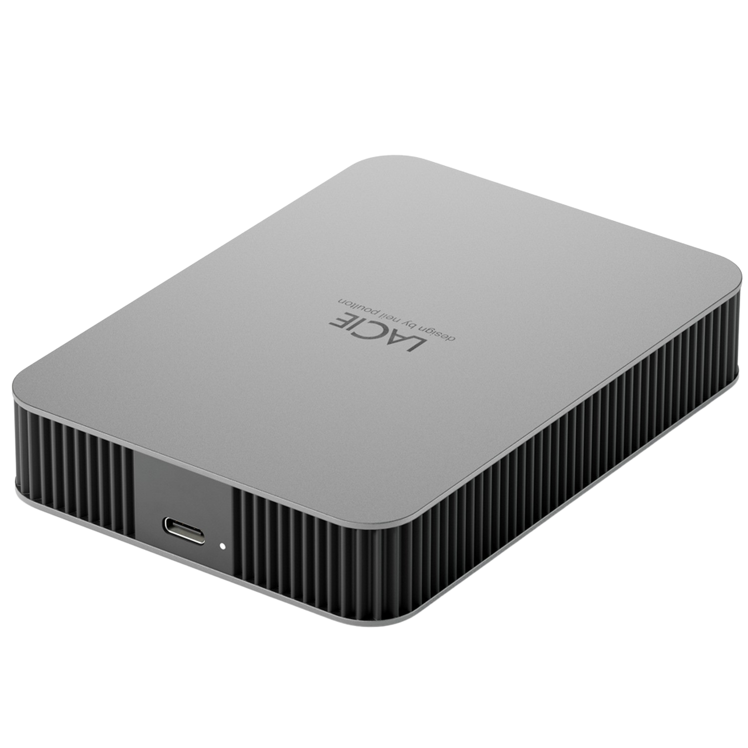 Een grijze LaCie harde schijf met een USB-C-poort en een geribbeld ontwerp.