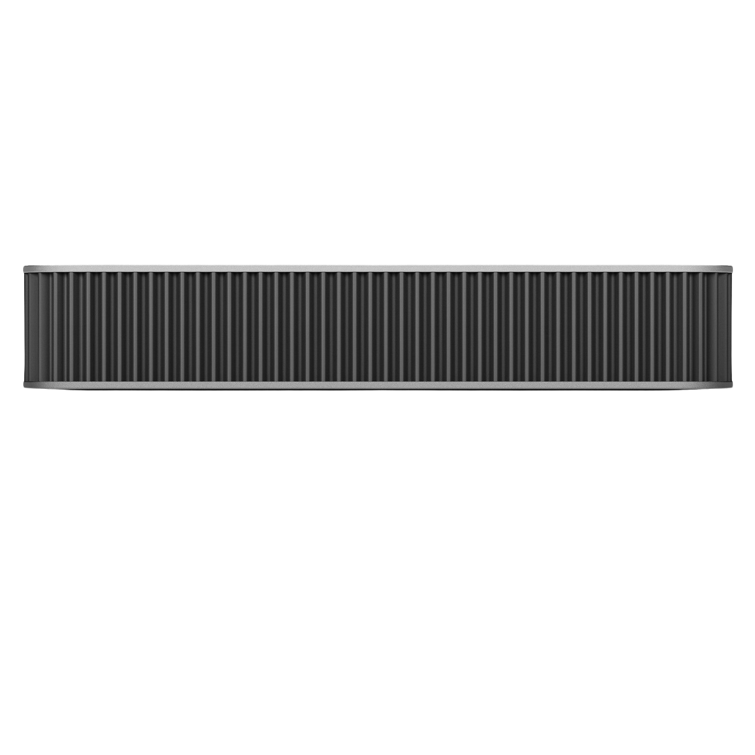 Black, rectangular device with vertical lines on black background. The device is a speaker.
