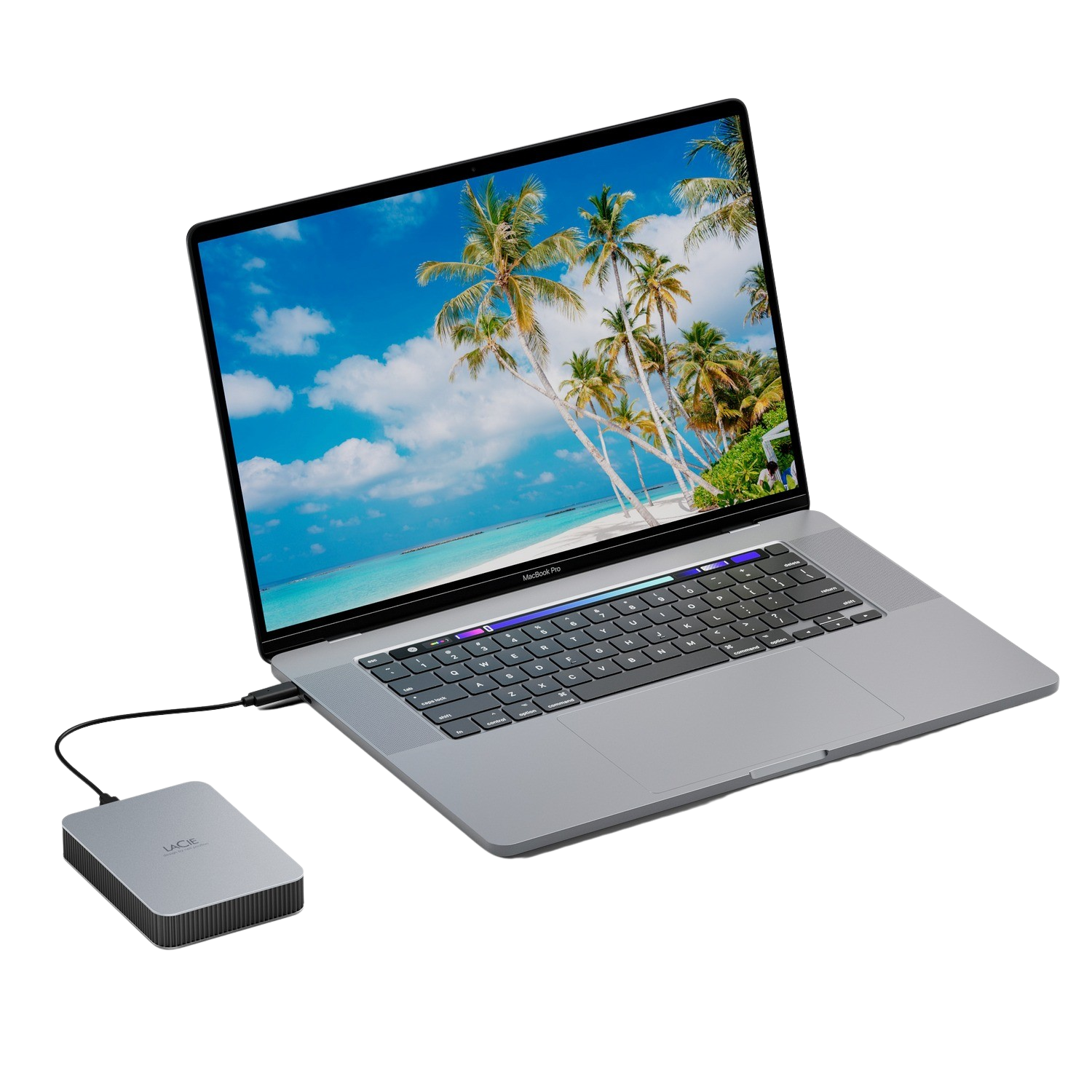 Laptop displays a beach scene. A silver hard drive is connected to the laptop.