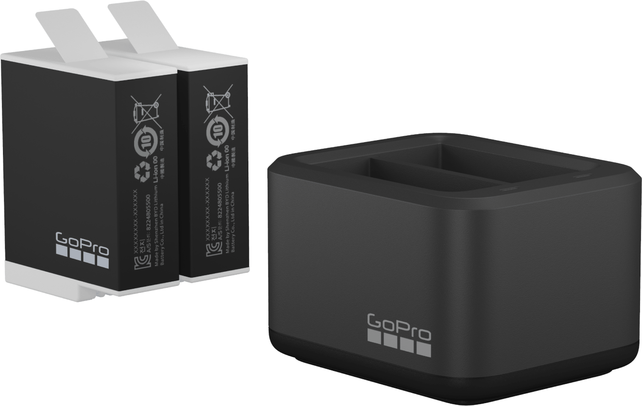 Deux batteries GoPro noires et un chargeur GoPro noir. Le chargeur a deux emplacements.