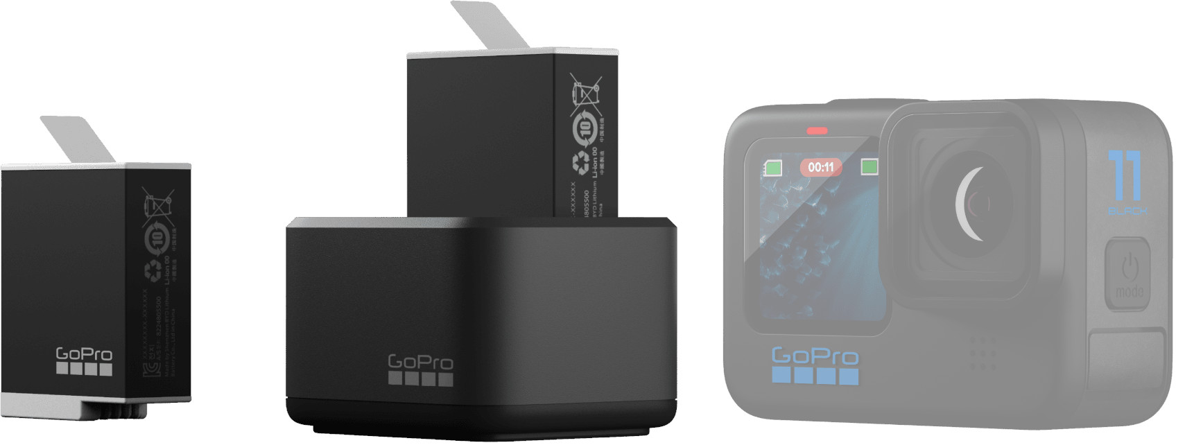 Trois accessoires GoPro : une batterie, un chargeur et une caméra. Palette de couleurs noir et gris.