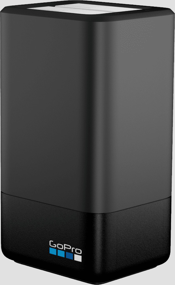 Zwart GoPro-oplaadstation. Rechthoekig, met GoPro-logo onderaan.