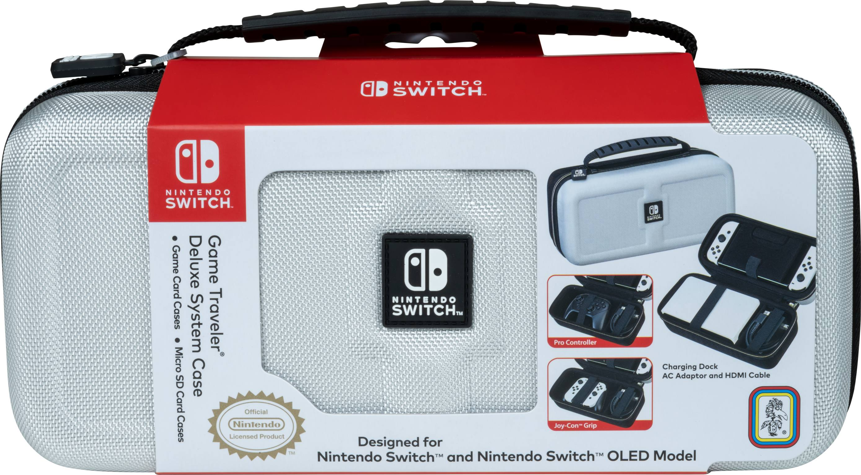 Ein silbernes Nintendo Switch Game Traveler Case mit Boxdetails und geöffnetem Case.
