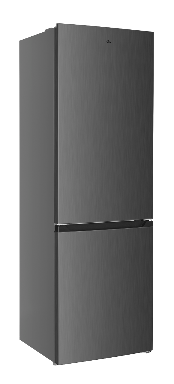Refrigerador gris oscuro con dos puertas, diseño sencillo sobre fondo negro.