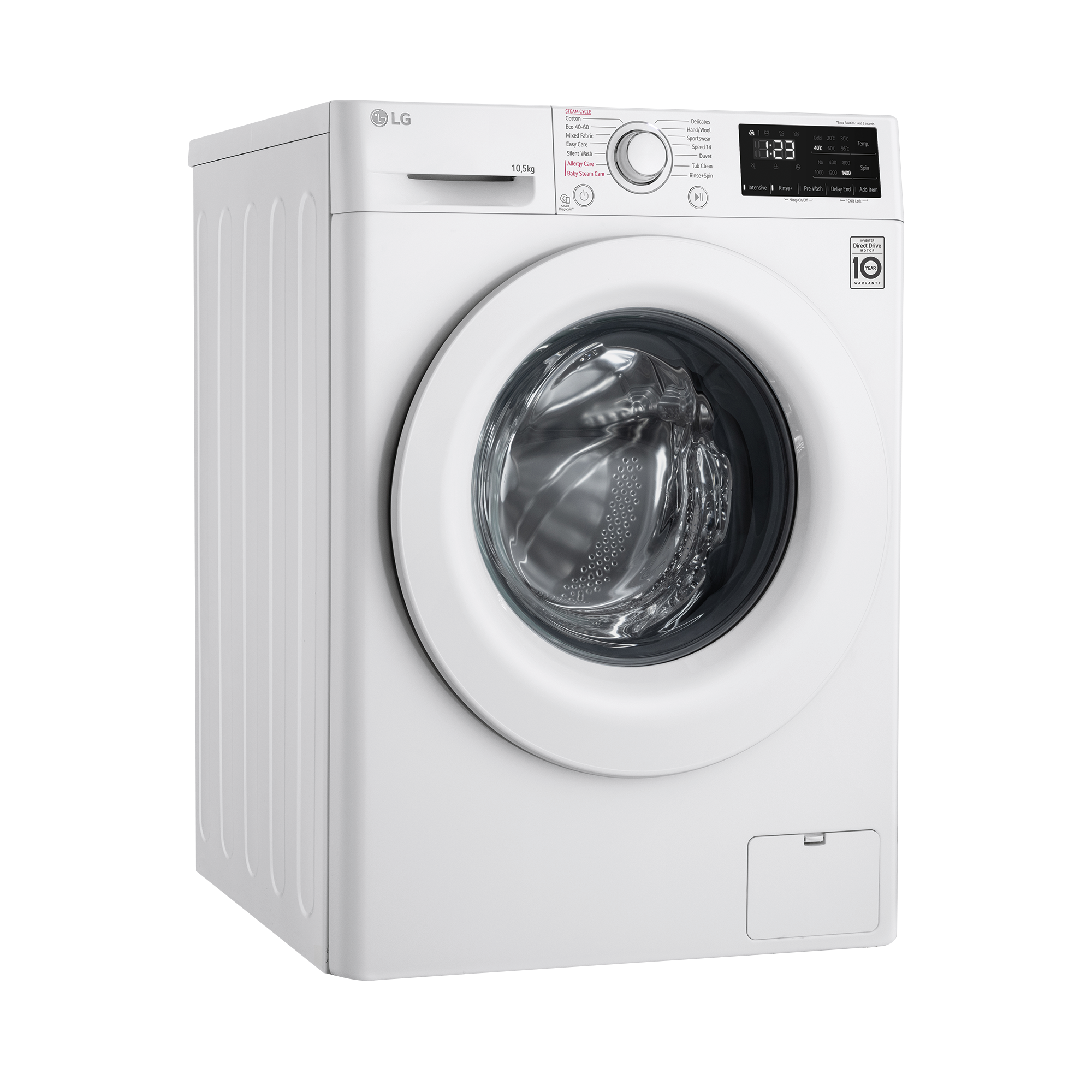 Una lavadora blanca con una pantalla digital y la puerta cerrada. La máquina está sobre un fondo blanco.