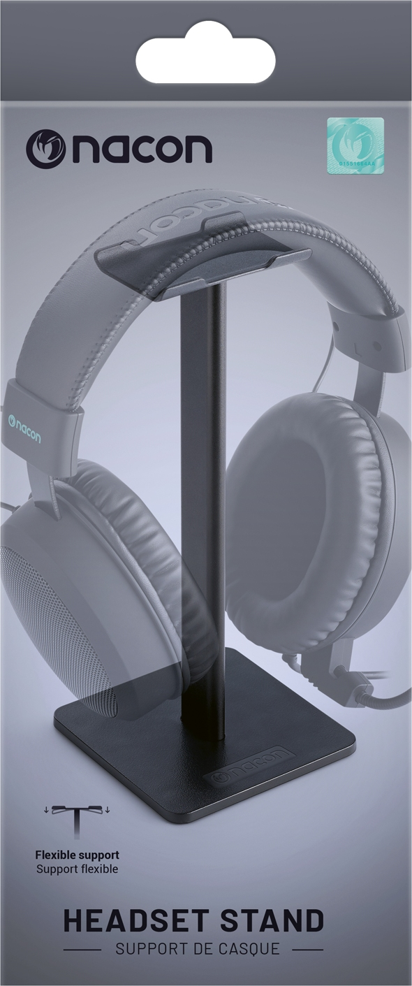 Support de casque avec un casque. Le support est noir, le casque gris. La marque est Nacon.