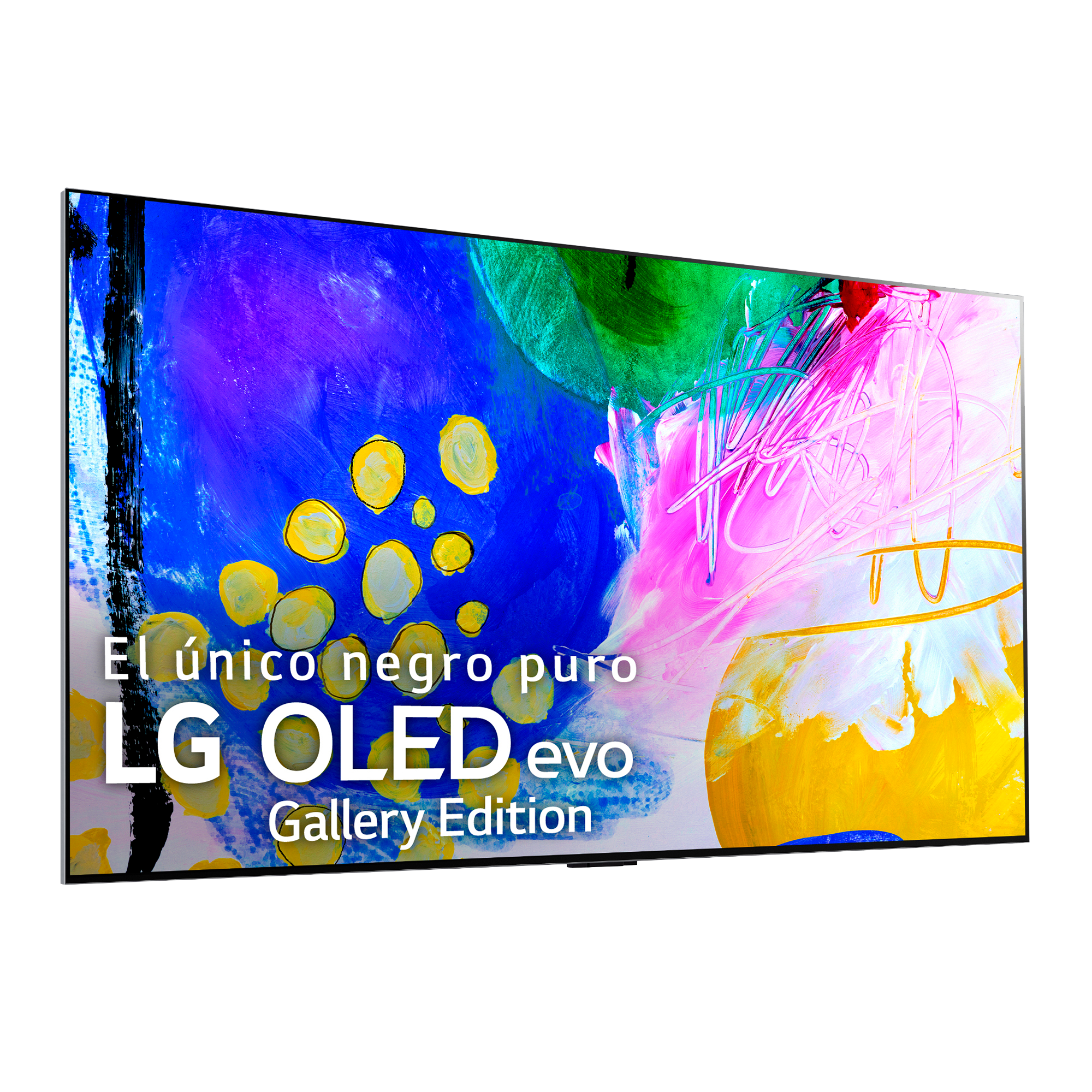 Un televisor LG OLED evo Gallery Edition muestra una obra de arte abstracta y colorida. El texto dice 'El único negro puro'.