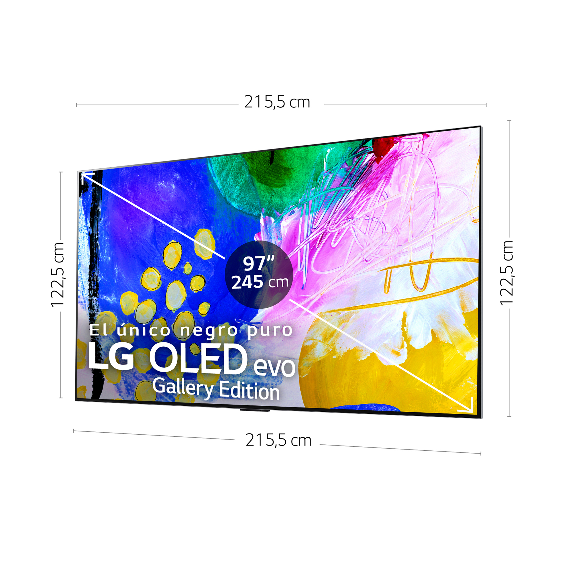 Un televisor OLED grande sobre un fondo blanco. La pantalla muestra arte abstracto colorido.